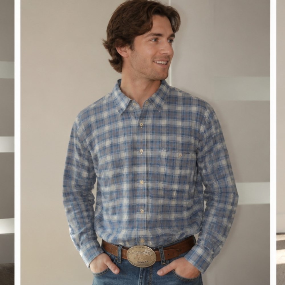Faherty Light Blue and White Plaid Button-Down Shirt